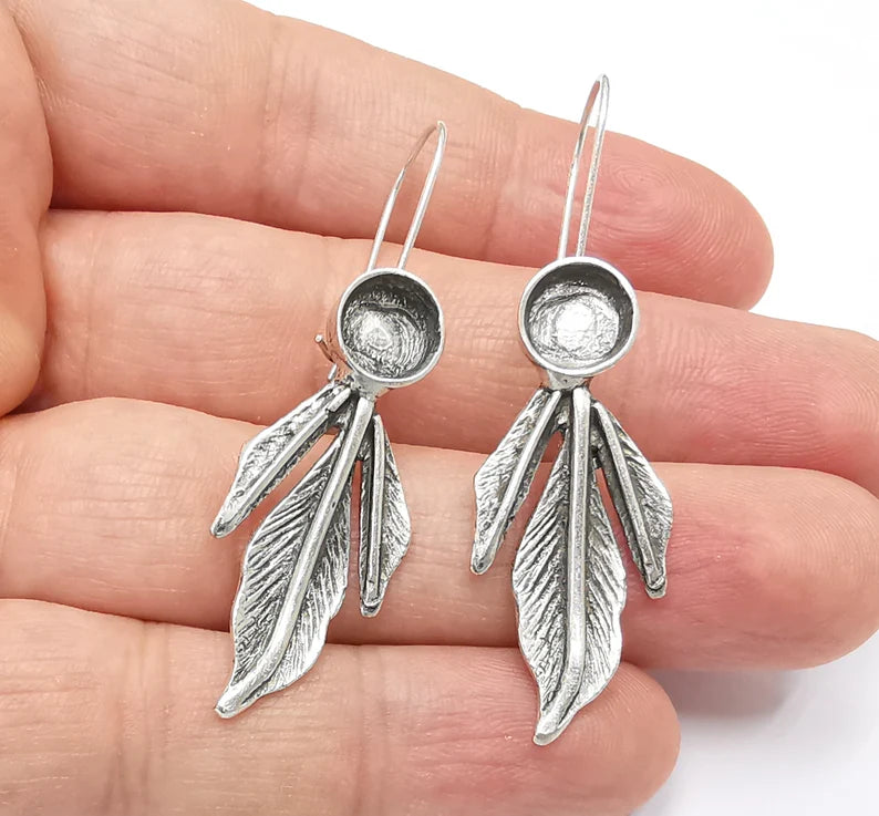 Leaf Earring Blank Base Settings Silver Resin Cabochon İnlay Blank Mountings Antique Silver Plated Brass (8mm blanks) 1 Set G26471