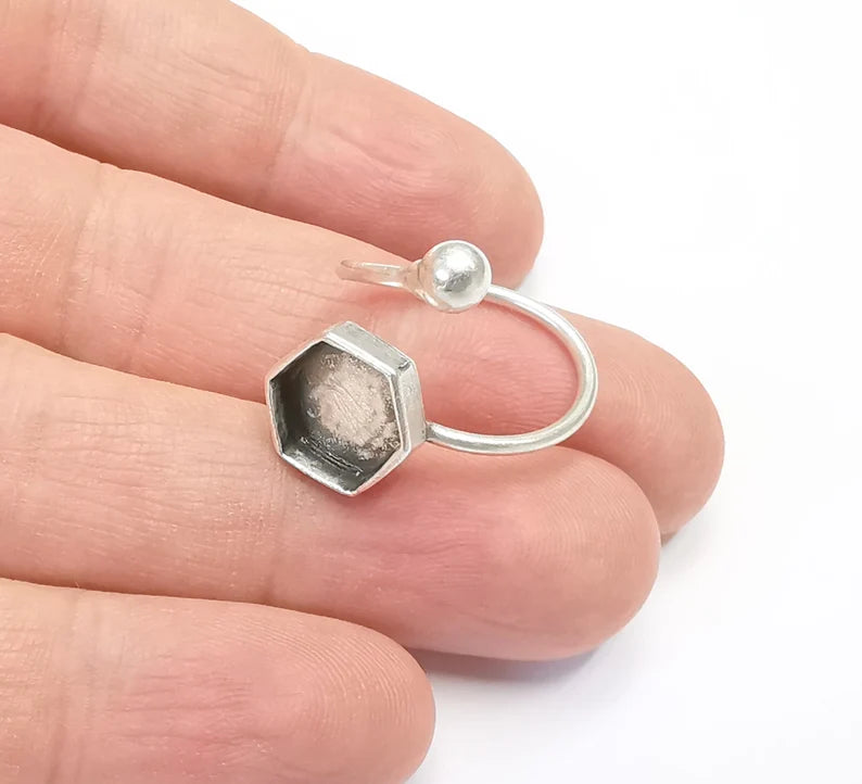 Hexagon Ring Bases, Ring Blanks, Ring Bezel Setting, Ring Frame, Cabochon Mountings Adjustable Antique Silver Plated Brass G26472