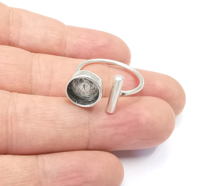 Ring Blanks Silver Rod Round Ring Setting Cabochon Mounting Adjustable Ring Base Bezel Antique Silver Plated Brass (10mm blank) G26473