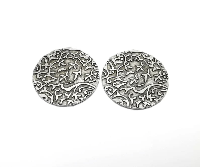 2 Flowers Branch Charms Round Charms Antique Silver Plated Charms (34mm) G26474