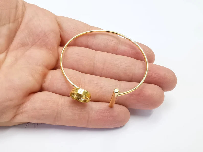 Shiny Gold Rod Bracelet Blanks, Cuff Bezels Cabochon Cuff Bases Resin Mountings, Cuff Frame, Adjustable Gold Plated Brass(12mm bezel) G28271