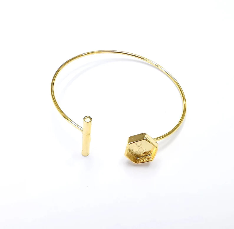 Shiny Gold Hexagon Bracelet Blanks, Cuff Bezels Cabochon Bases Resin Mountings, Cuff Frame, Adjustable Gold Plated Brass(10mm bezel) G26479