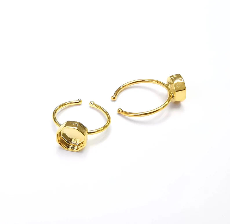 Hexagon Ring Bezels Ring Settings Ring Blanks Resin Ring Backs Cabochon Mounting Gold Plated Brass Adjustable Ring Base(8mm blank)G26481