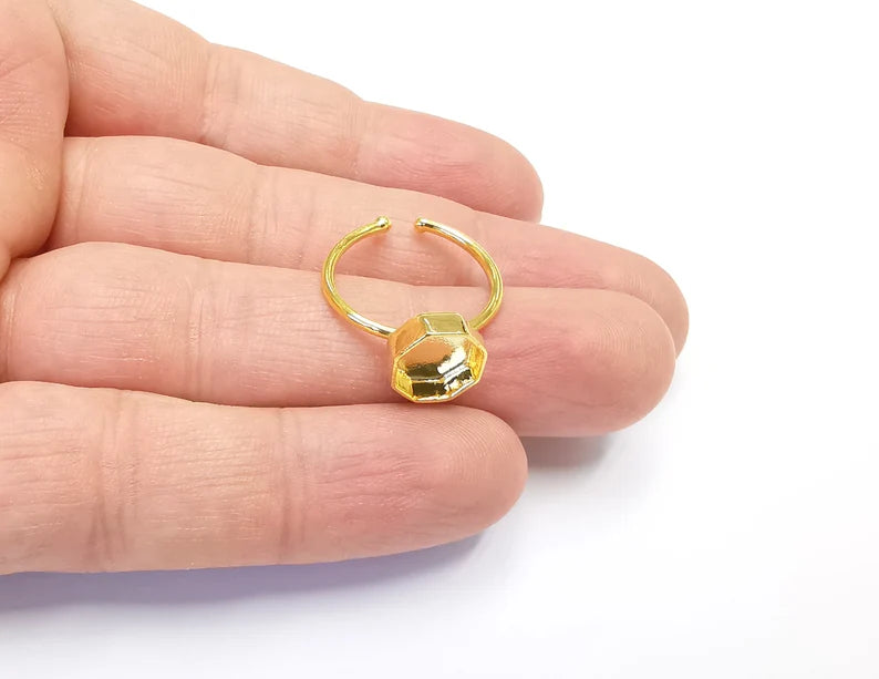 Hexagon Ring Bezels Ring Settings Ring Blanks Resin Ring Backs Cabochon Mounting Gold Plated Brass Adjustable Ring Base(8mm blank)G26481