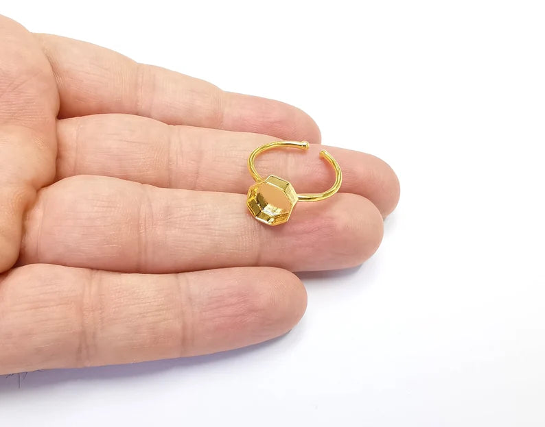 Hexagon Ring Bezels Ring Settings Ring Blanks Resin Ring Backs Cabochon Mounting Gold Plated Brass Adjustable Ring Base(8mm blank)G26481