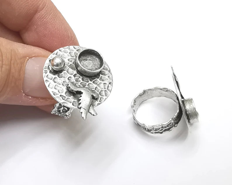 Bird ball hammered disc blanks silver ring setting cabochon mounting adjustable ring base bezel Antique silver plated brass (8mm) G26320