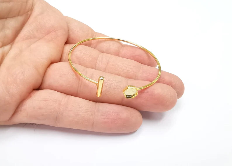 Shiny Gold Hexagon Bracelet Blanks, Cuff Bezels Cabochon Bases Resin Mountings, Cuff Frame, Adjustable Gold Plated Brass(6mm bezel) G26487