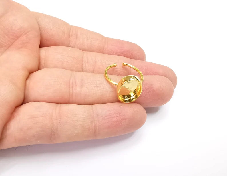 Shiny Gold Bezels Ring Settings Ring Blanks Resin Ring Backs Cabochon Mounting Gold Plated Brass Adjustable Ring Base (13.8x10mm) G26488