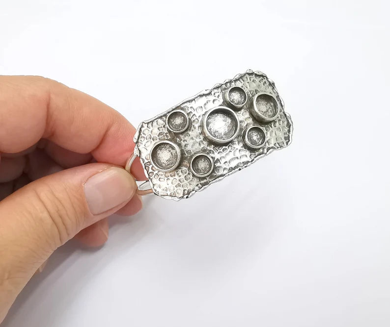 Silver Hammered Bracelet Blank Cuff Bezel Cabochon Base Resin Mountings Adjustable Antique Silver Plated Brass (10mm-8mm-6mm Blanks) G26490