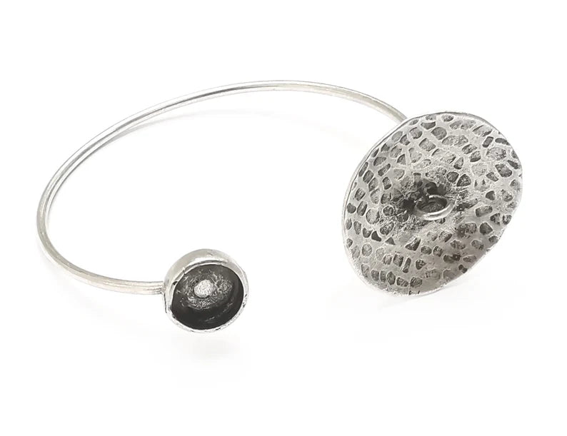 Hammered cone silver bracelet brass cuff blank bezel Glass cabochon base Adjustable antique silver brass (8 mm blank) G26326
