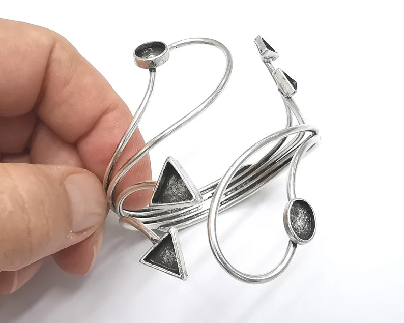 Geometric silver bracelet brass cuff blank bezel Glass cabochon base Adjustable antique silver brass G26328