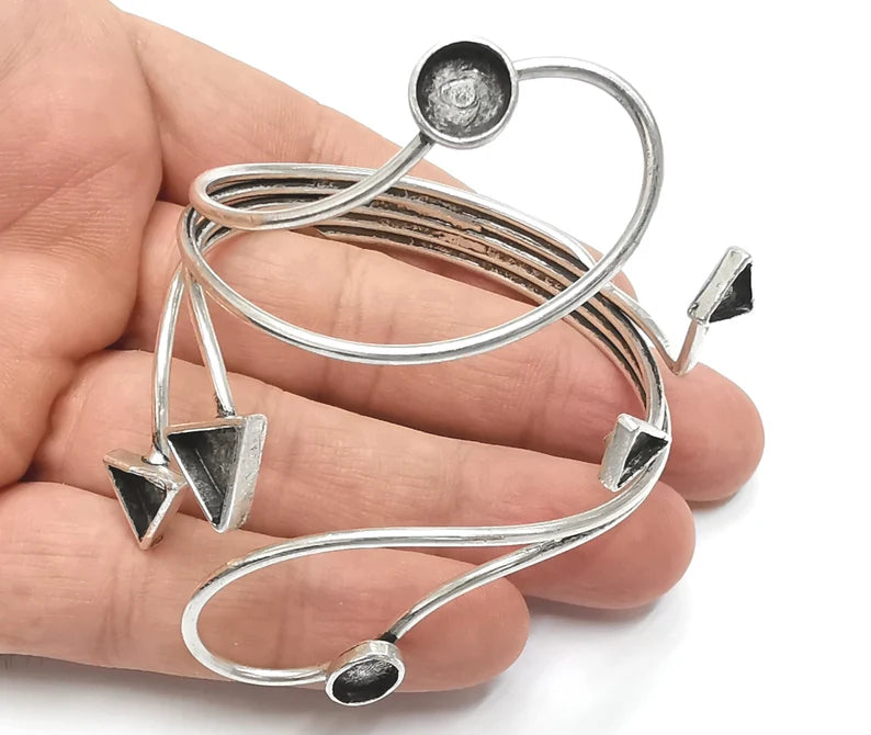 Geometric silver bracelet brass cuff blank bezel Glass cabochon base Adjustable antique silver brass G26328