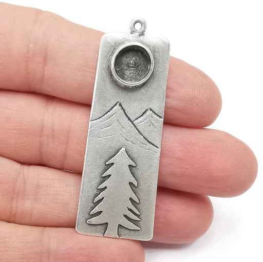Mountain Pine Tree Pendant Blank Resin Bezel Mosaic Mountings Cabochon Setting Antique Silver Plated Brass (55x20mm)(8mm Blank) G26457