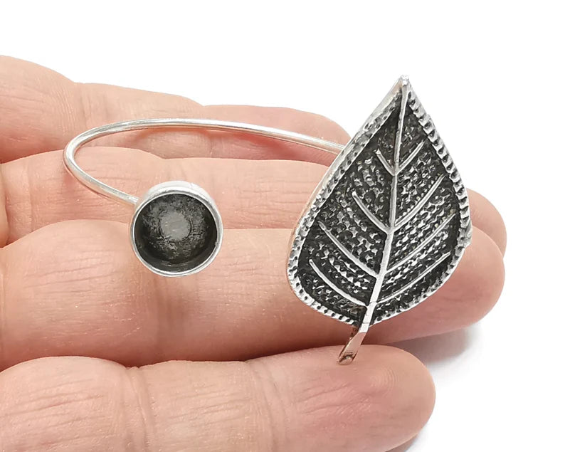 Leaf silver bracelet brass cuff blank bezel Glass cabochon base Adjustable antique silver plated brass (10 mm blank) G26331