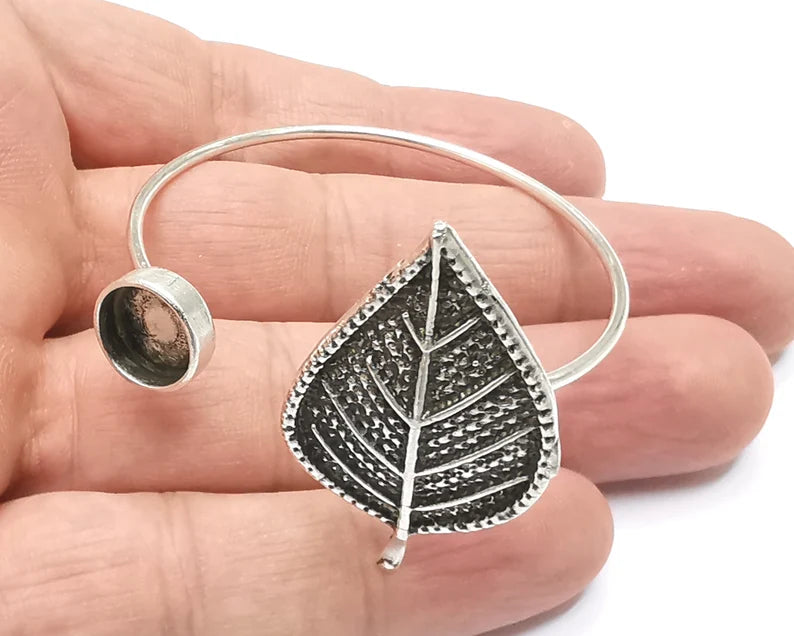 Leaf silver bracelet brass cuff blank bezel Glass cabochon base Adjustable antique silver plated brass (10 mm blank) G26331