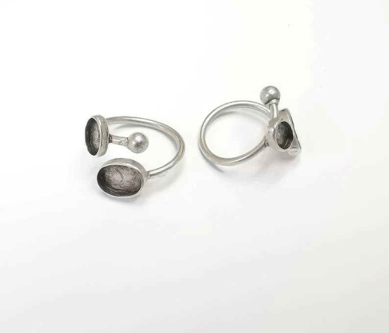 Oval Blank Silver Ring Setting Cabochon Mounting Adjustable Ring Base Bezel Antique Silver Plated Brass ( 11x8mm - 9x6mm blanks) G26492