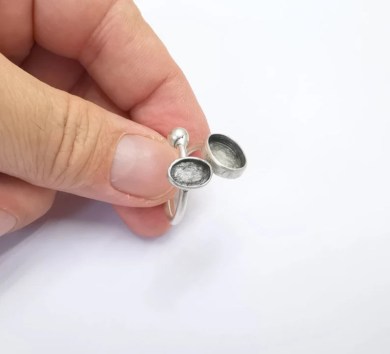 Oval Blank Silver Ring Setting Cabochon Mounting Adjustable Ring Base Bezel Antique Silver Plated Brass ( 11x8mm - 9x6mm blanks) G26492