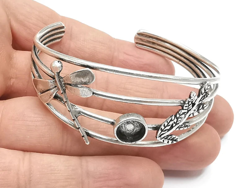 Dragonfly Branch leaf silver bracelet brass cuff blank bezel Glass cabochon base Adjustable antique silver plated brass (8 mm blank) G26333