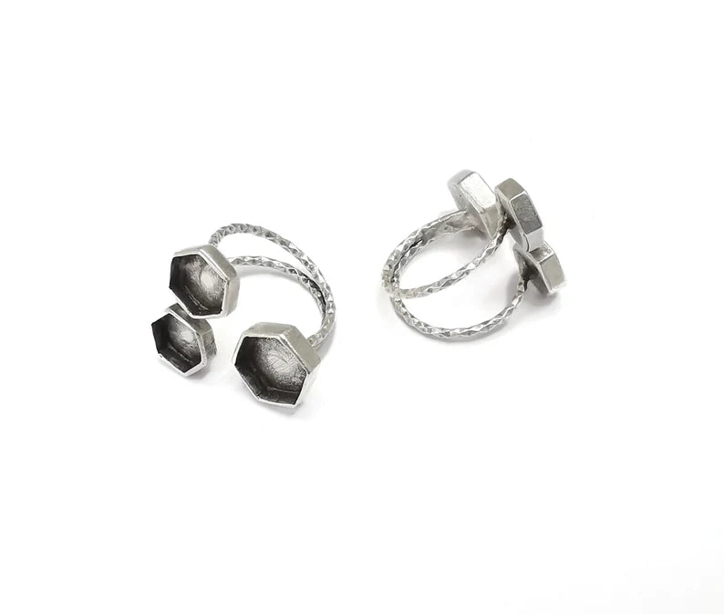 Hexagon Ring Bases, Ring Blanks, Ring Bezel Setting, Ring Frame, Cabochon Mountings Adjustable Antique Silver Plated Brass G26493
