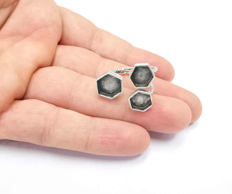 Hexagon Ring Bases, Ring Blanks, Ring Bezel Setting, Ring Frame, Cabochon Mountings Adjustable Antique Silver Plated Brass G26493