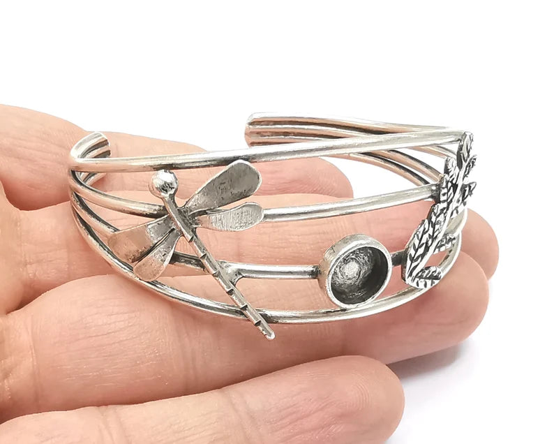 Dragonfly Branch leaf silver bracelet brass cuff blank bezel Glass cabochon base Adjustable antique silver plated brass (8 mm blank) G26333
