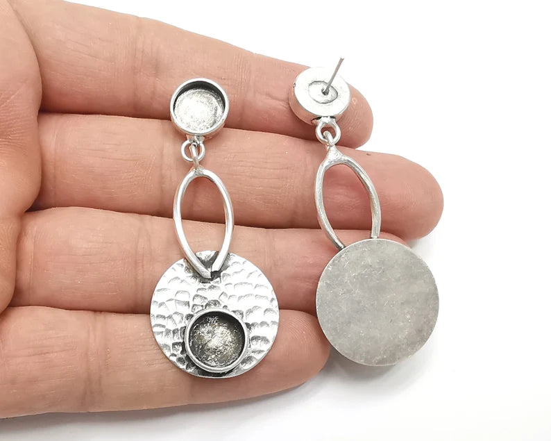 1 Pairs Hammered disc silver dangle earring base wire Antique silver plated brass earring base (60x24mm) G26335