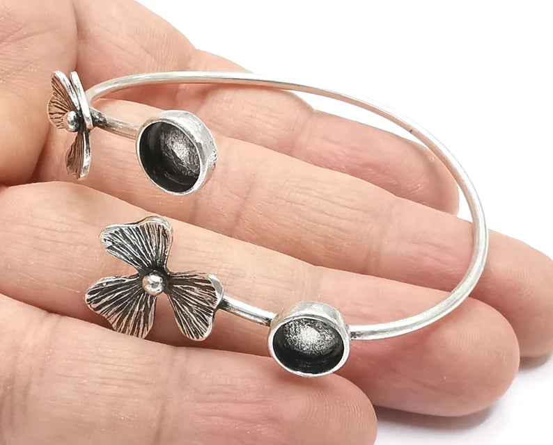 Flower bracelet blank resin cuff dry flower inlay blank cuff bezel Glass cabochon base Adjustable Antique Silver plated brass (8mm ) G26342