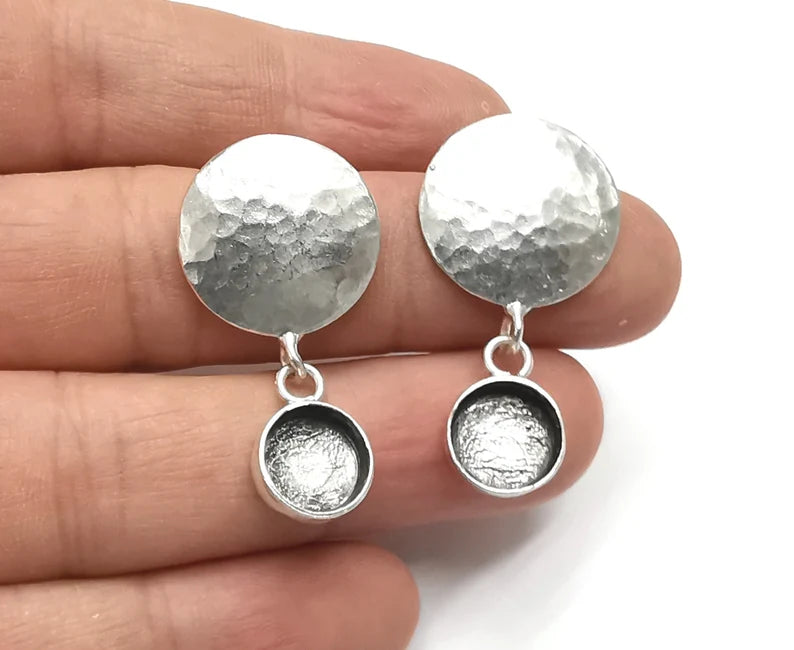1 Pairs Hammered disc dome silver dangle earring base wire Antique silver plated brass earring base (38x20mm) G26345