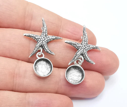 1 Pairs Starfish Silver Earring Base Wire Antique Silver Plated Brass Earring Base (10mm blank) G26497