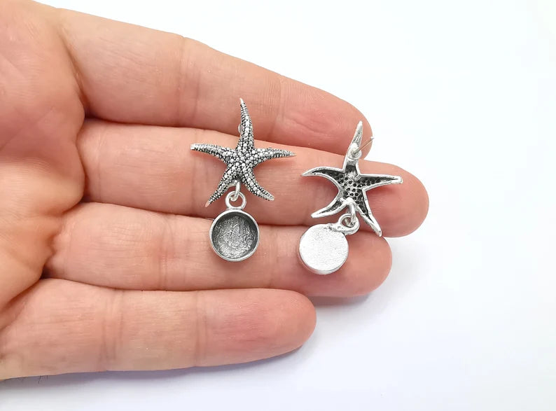 1 Pairs Starfish Silver Earring Base Wire Antique Silver Plated Brass Earring Base (10mm blank) G26497