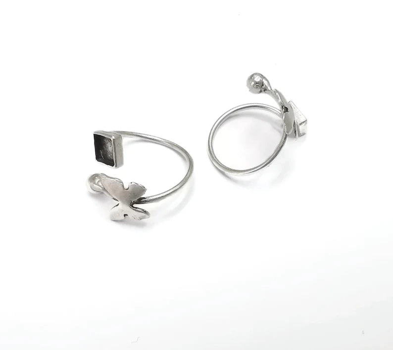 Butterfly Ring Square Blanks Ball Head Ring Setting Cabochon Mounting Adjustable Ring Base Bezel Antique Silver Plated Brass (6mm) G26498