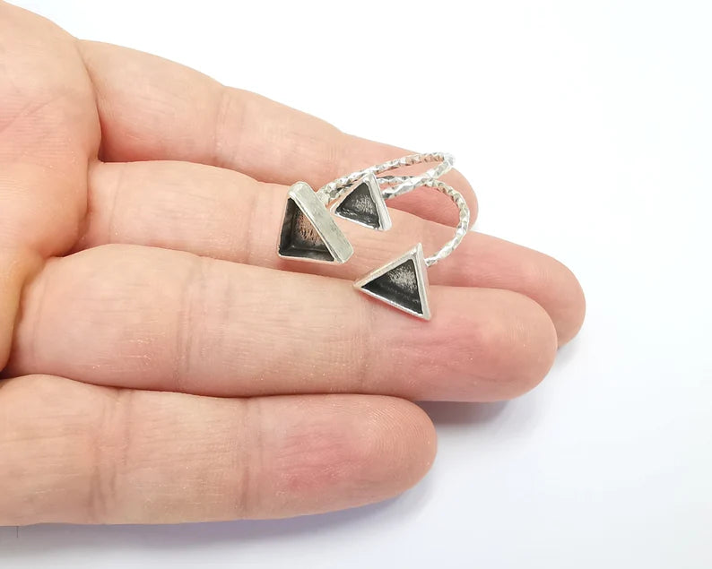 Triangle Silver Ring Setting Blank Cabochon Mounting Adjustable Ring Base Bezel Antique Silver Plated Brass (10mm - 8mm - 6mm Blank) G26499