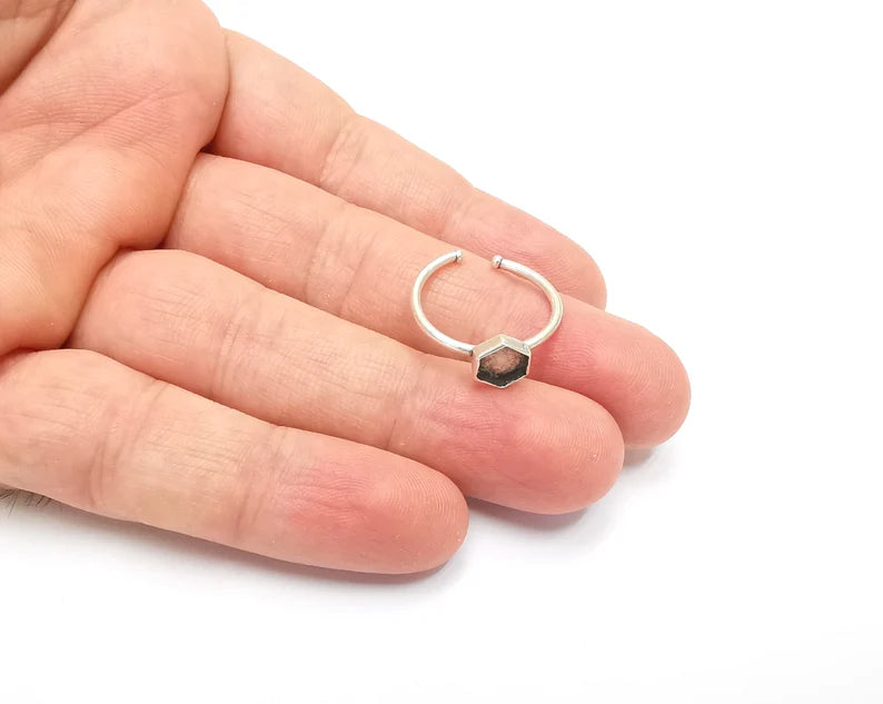 Hexagon Silver Ring Setting Blank Cabochon Mounting Adjustable Ring Base Bezel Antique Silver Plated Brass (6mm Blank) G26501