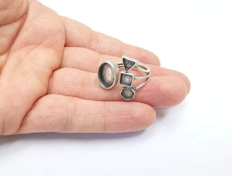 Geometric Blanks Silver Ring Setting Cabochon Mounting Adjustable Ring Base Bezel Antique Silver Plated Brass G26502