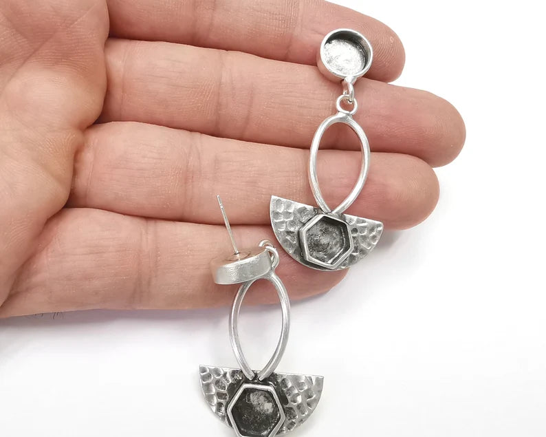 1 Pairs Hammered semi circle silver dangle earring set base wire Antique silver plated brass earring base (53mm) G26353