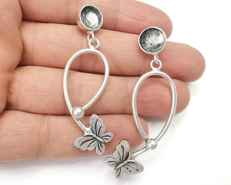 1 Pairs Butterfly silver dangle earring set base wire Antique silver plated brass earring base (65mm) G26354