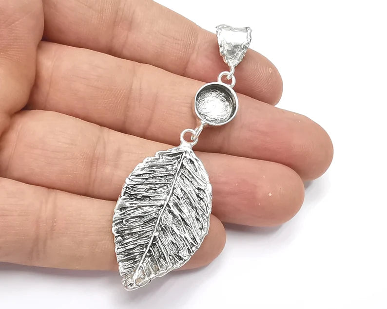 Leaf pendant base setting bezel blank Antique silver plated brass pendant (76mm)(10mm blank) G26355