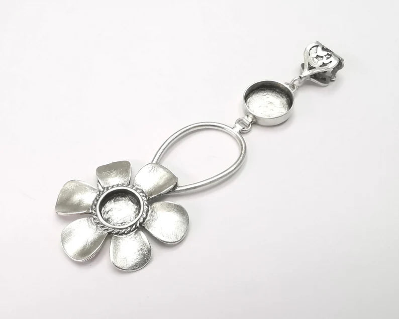 Flower pendant base setting bezel blank Antique silver plated brass pendant (105mm)(14 - 10 mm blanks) G26356