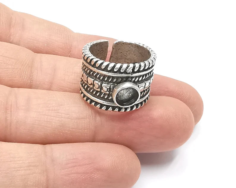 Ethnic silver ring blank base bezel settings Cabochon base mountings Adjustable (6mm Blank) , Antique Silver Plated Brass G26360