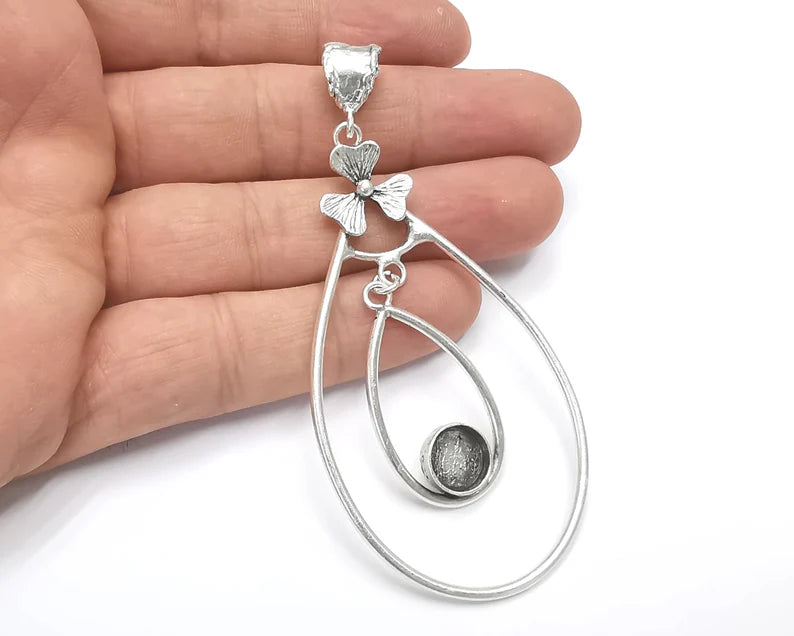 Flower pendant dangle base setting bezel blank Antique silver plated brass pendant (92x44 mm)(10 mm blank) G26361