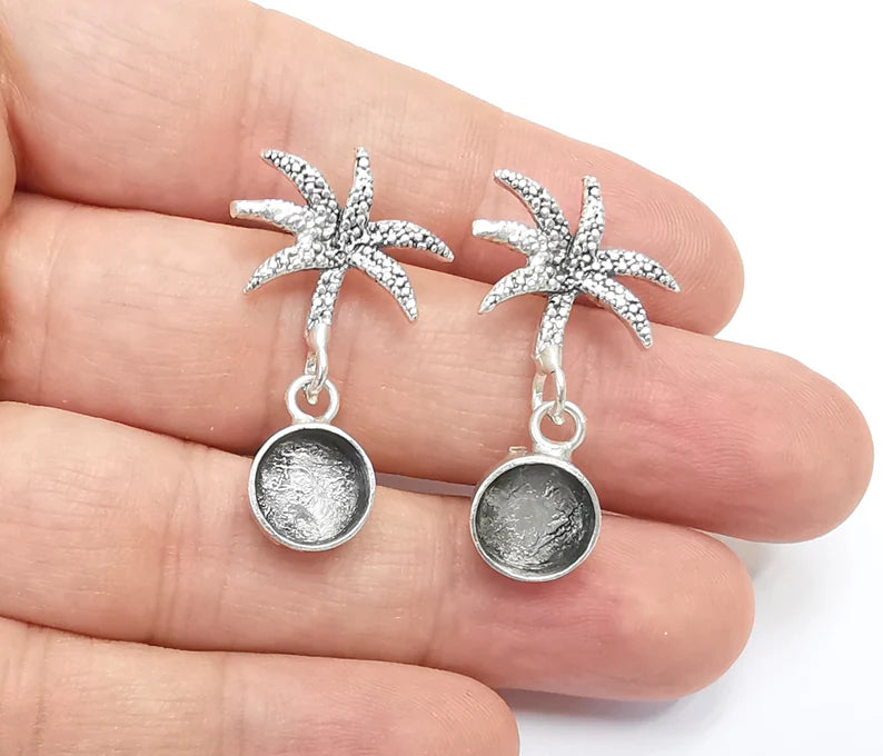 Palm Tree Silver Earring Base Wire Antique Silver Plated Brass Earring Base (10mm blank) G26504