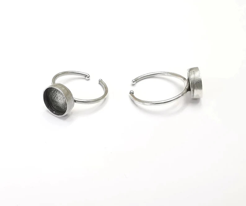 Silver Ring Setting Blank Cabochon Mounting Adjustable Ring Base Bezel Antique Silver Plated Brass (10mm Blank) G26505