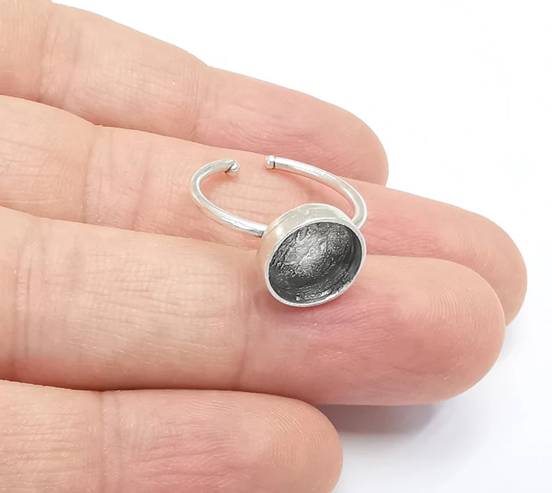 Silver Ring Setting Blank Cabochon Mounting Adjustable Ring Base Bezel Antique Silver Plated Brass (10mm Blank) G26505