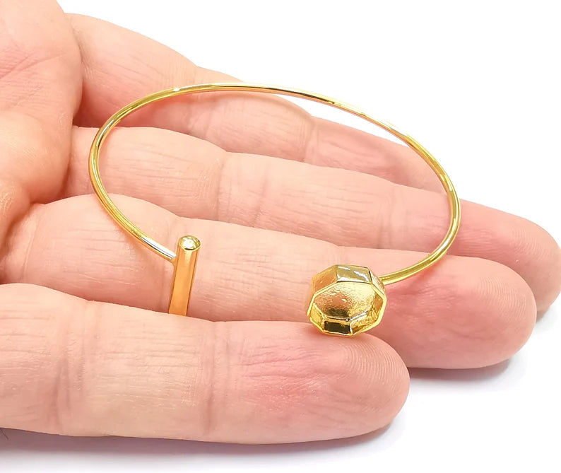 Shiny Gold Octagon Bracelet Blanks, Cuff Bezels Cabochon Bases Resin Mountings, Cuff Frame, Adjustable Gold Plated Brass(8mm bezel) G26507
