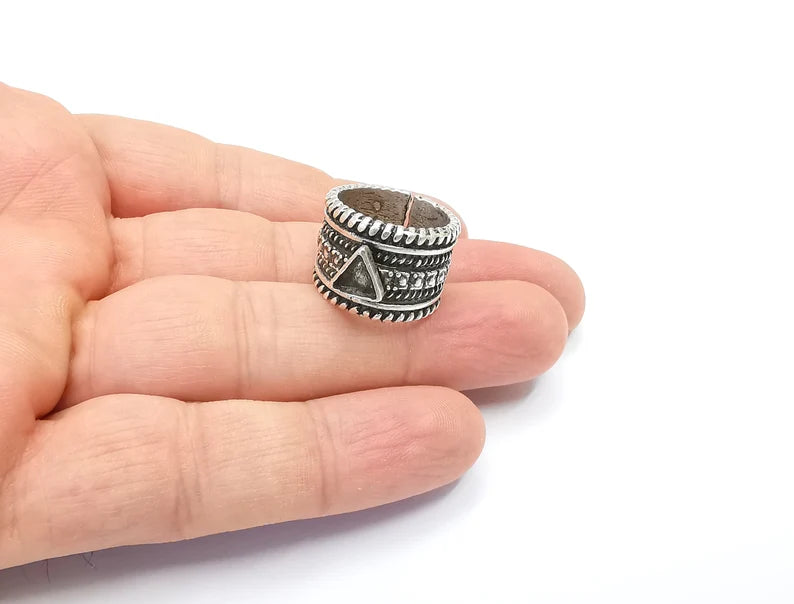 Ethnic Silver Triangle Ring Blank Base Bezel Settings Cabochon Base Mountings Adjustable (6mm Blank) , Antique Silver Plated Brass G26508
