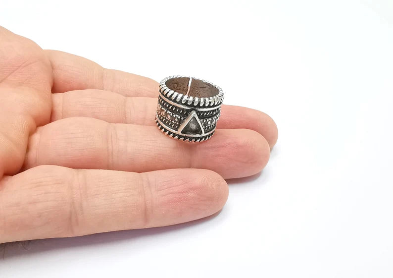 Ethnic Silver Triangle Ring Blank Base Bezel Settings Cabochon Base Mountings Adjustable (6mm Blank) , Antique Silver Plated Brass G26508
