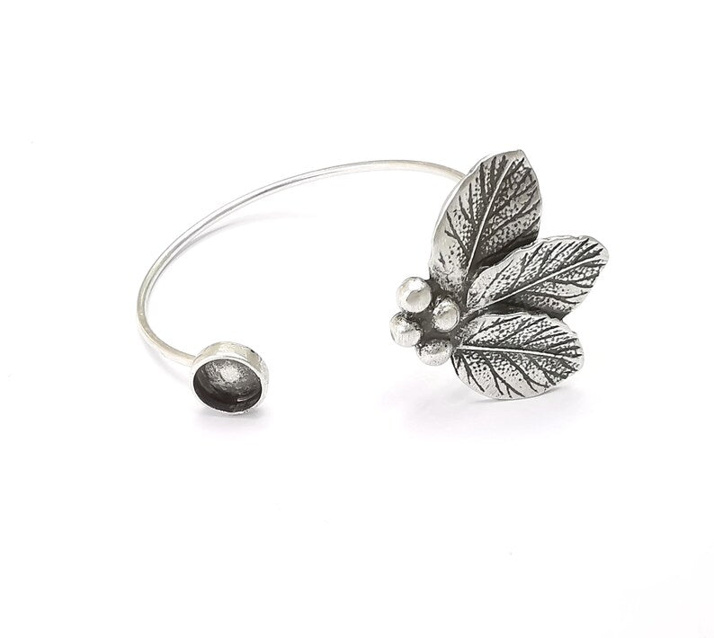 Silver Leafs Bracelet Blank Resin Cuff Dry Bezel Cabochon Base Adjustable Antique Silver Plated Brass (8mm Blanks) G26511