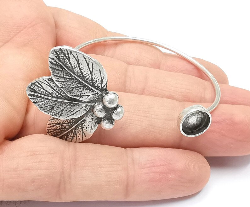Silver Leafs Bracelet Blank Resin Cuff Dry Bezel Cabochon Base Adjustable Antique Silver Plated Brass (8mm Blanks) G26511