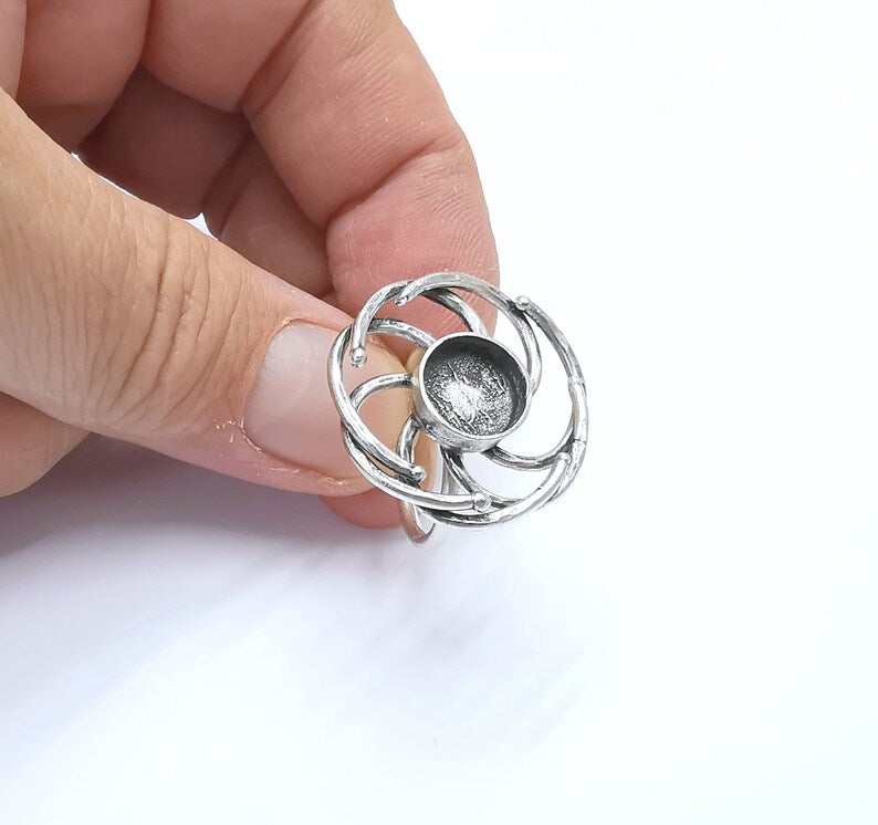 Silver ring setting blank cabochon mounting Adjustable ring base bezel Antique Silver Plated Brass (10mm) G26362