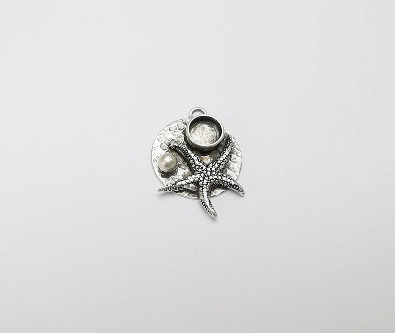 Silver Starfish Ball Pendant Bezel Blank Hammered Pendant Antique Silver Plated Blanks (8mm Blank) G26363